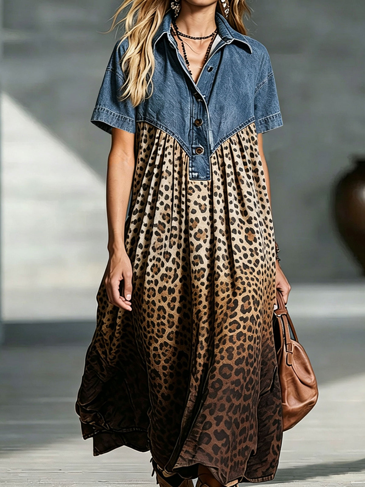 Women's Brown Leopard Print Midi Shirt Dress with Denim Top