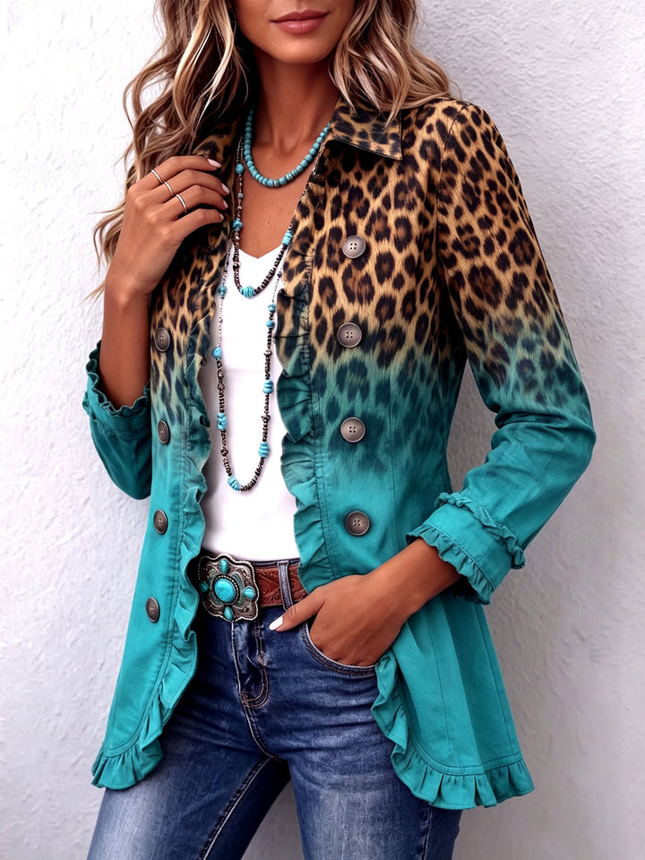 Women's Leopard Print Blazer Jacket, Ruffle Trim Double Breasted Suit Coat