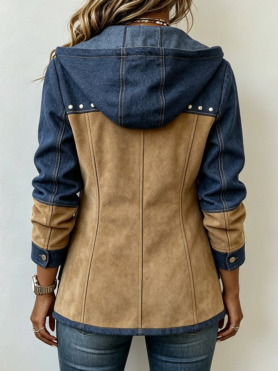 Women's Khaki Two-Tone Hooded Zip Jacket with Studded Detail, view 2