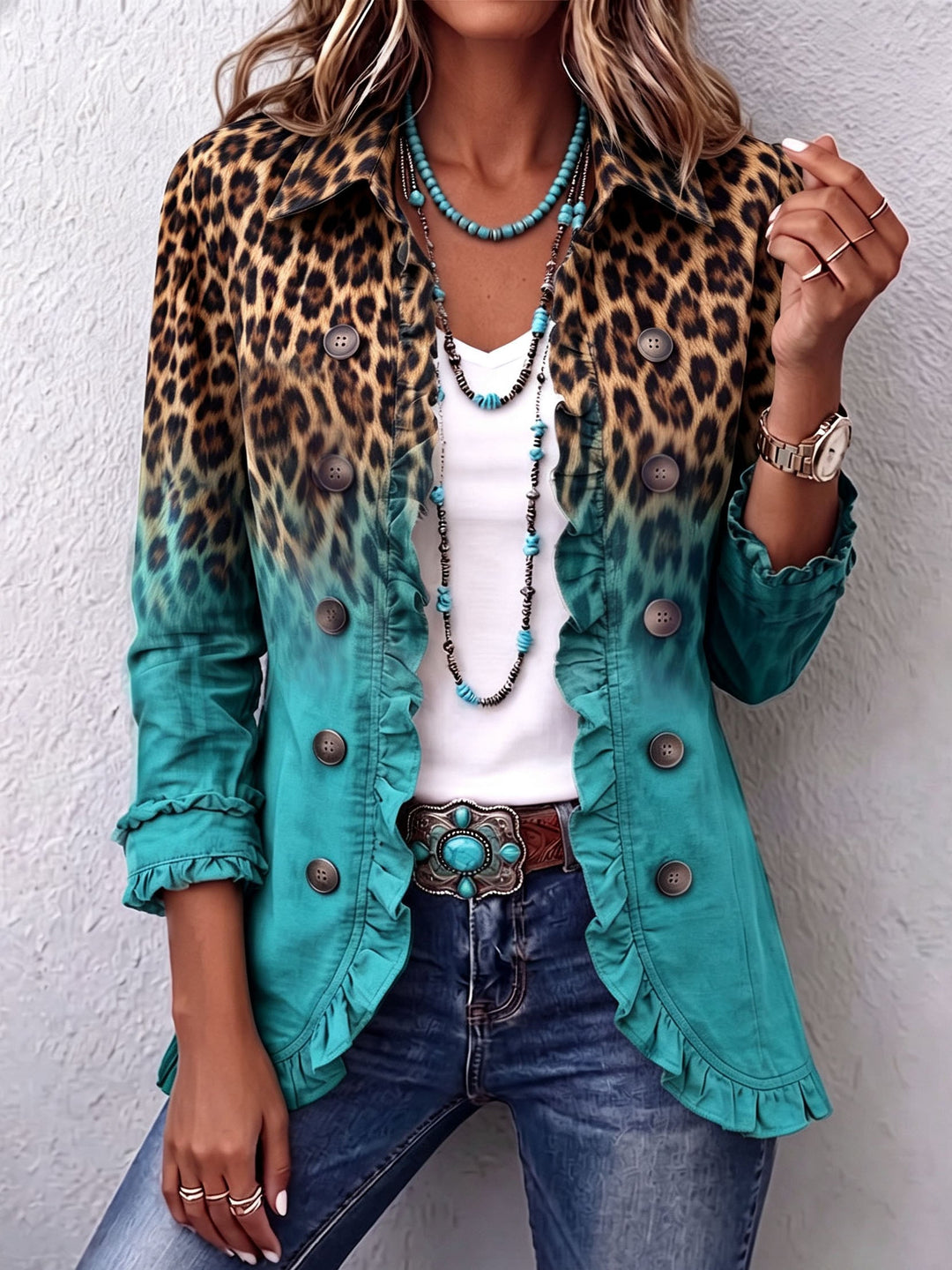 Women's Leopard Print Blazer Jacket, Ruffle Trim Double Breasted Suit Coat
