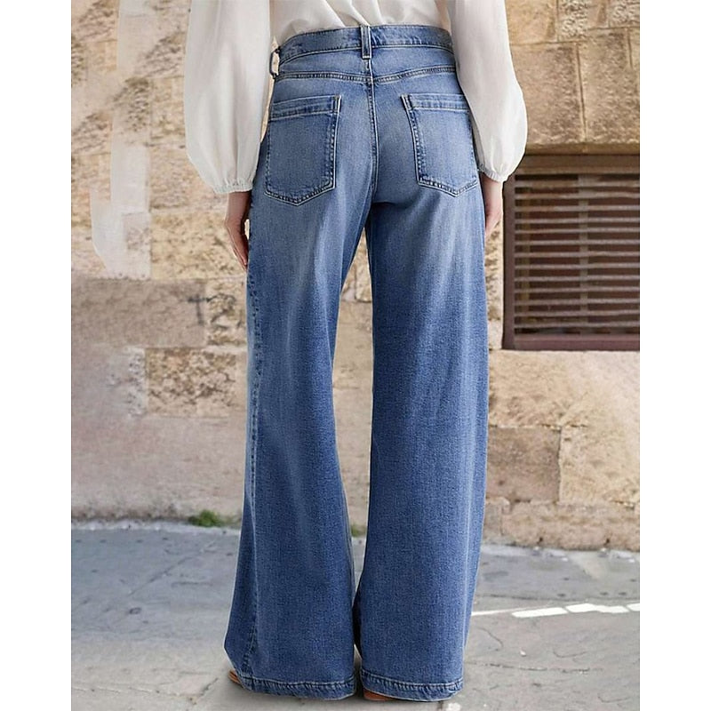 Women's Wide Leg Jeans, Relaxed Blue Denim High Waist Trousers