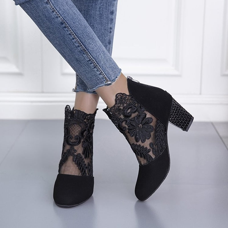 Women's Floral Lace Block Heel Ankle Boots, view 8