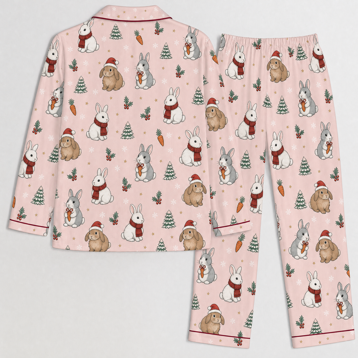 Women's Christmas Pajamas, Pink Satin Bunny Print PJ Set — back view of shirt and pants, flat lay