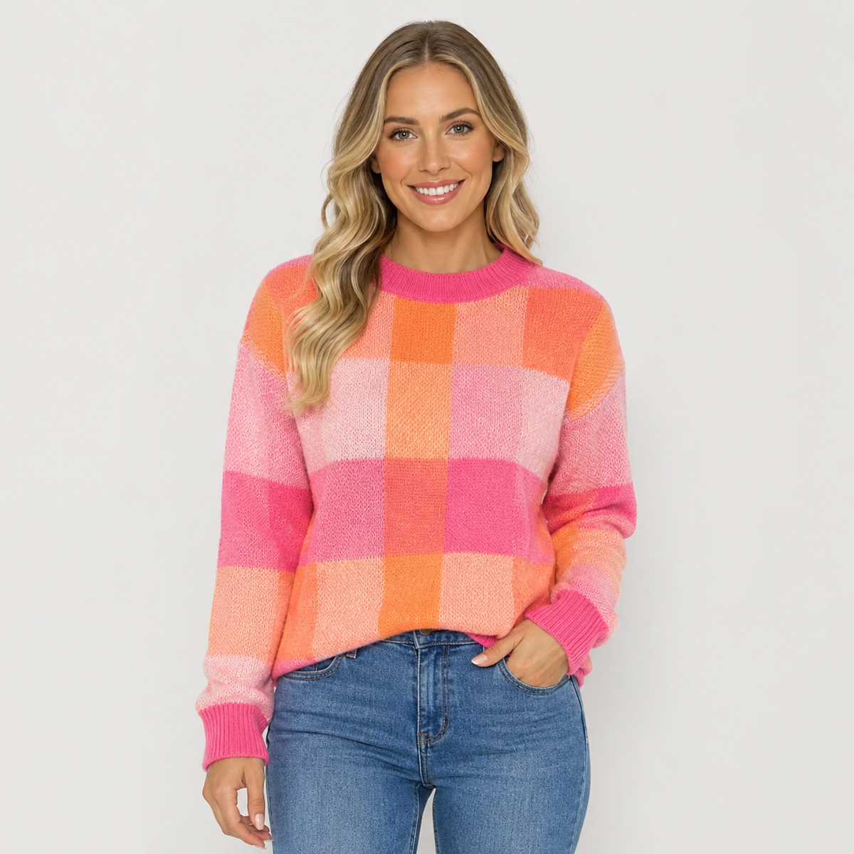 Women's Patchwork Crew Neck Knit Sweater in Peach