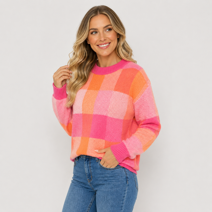 Women's Patchwork Sweater, Crew Neck Colorblock Knit Pullover