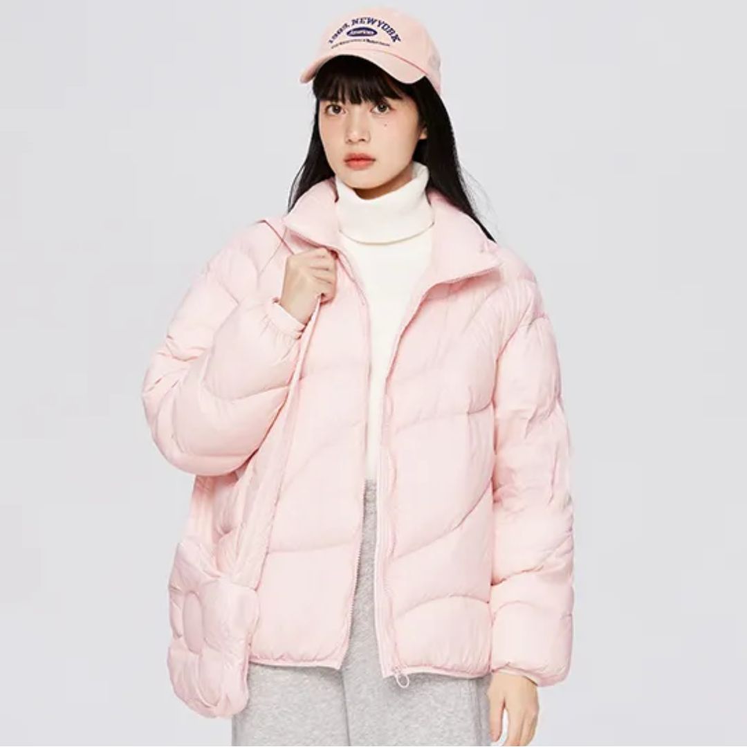 Women's Packable Lightweight Puffer Jacket with Classic Collar in Pink
