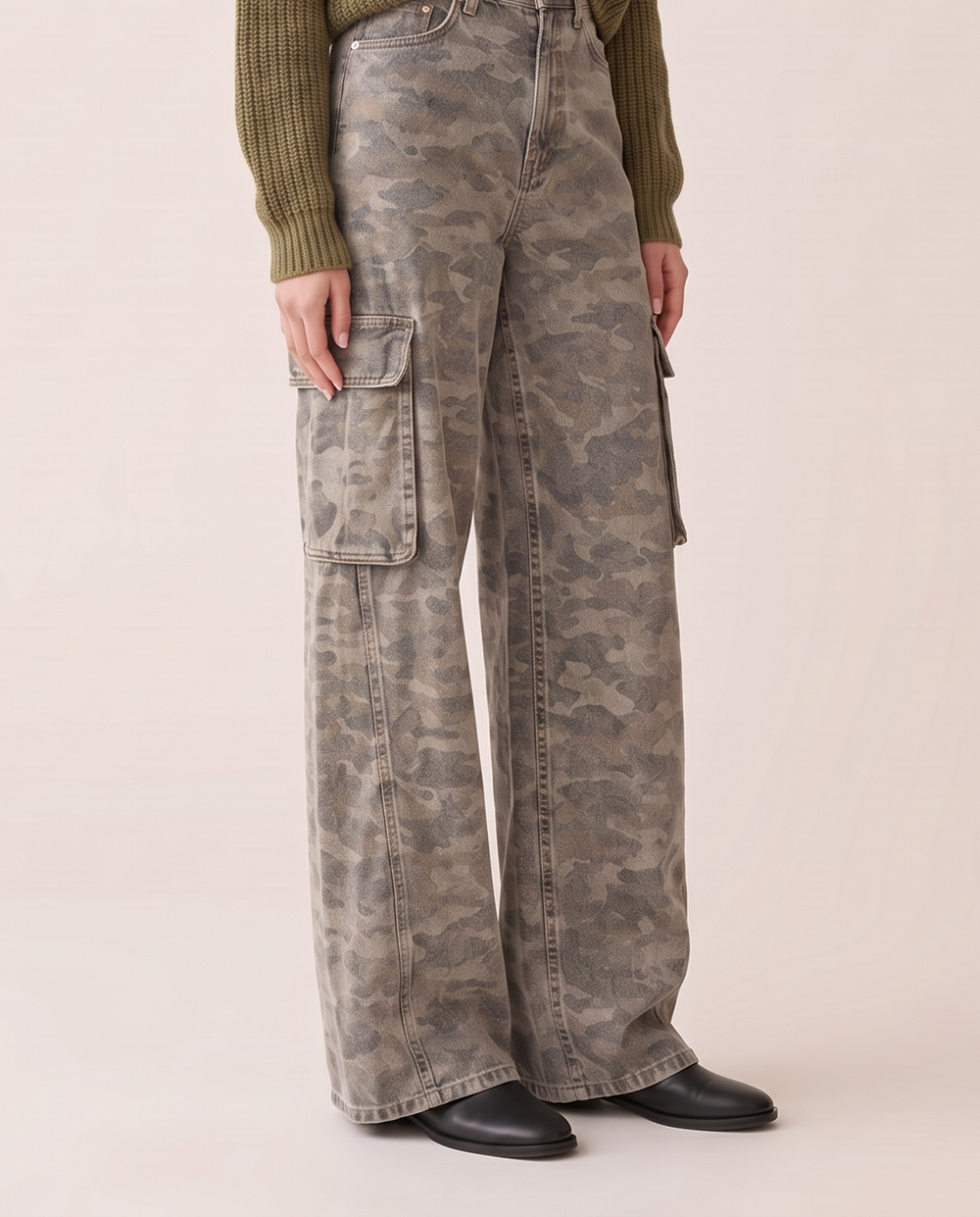 Wide-leg camo cargo jeans, waist-down view