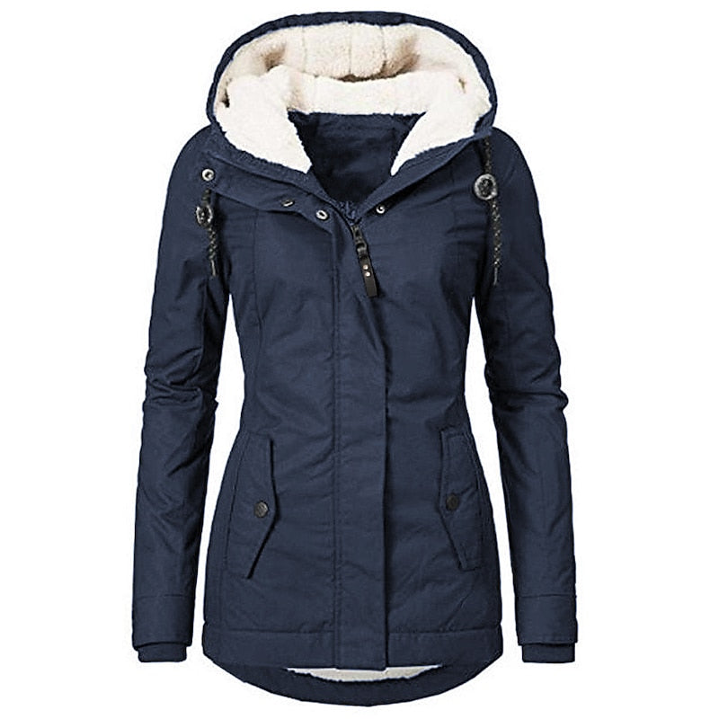 Women's Plush-Lined Hooded Parka with Drawstring Hem in Dark Blue