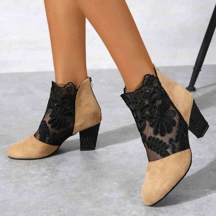 Women's Ankle Boots, Floral Lace Block Heel Booties with Side Zip