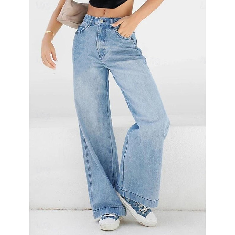 Women's Blue High-Waisted Loose-Fit Wide-Leg Jeans, view 4