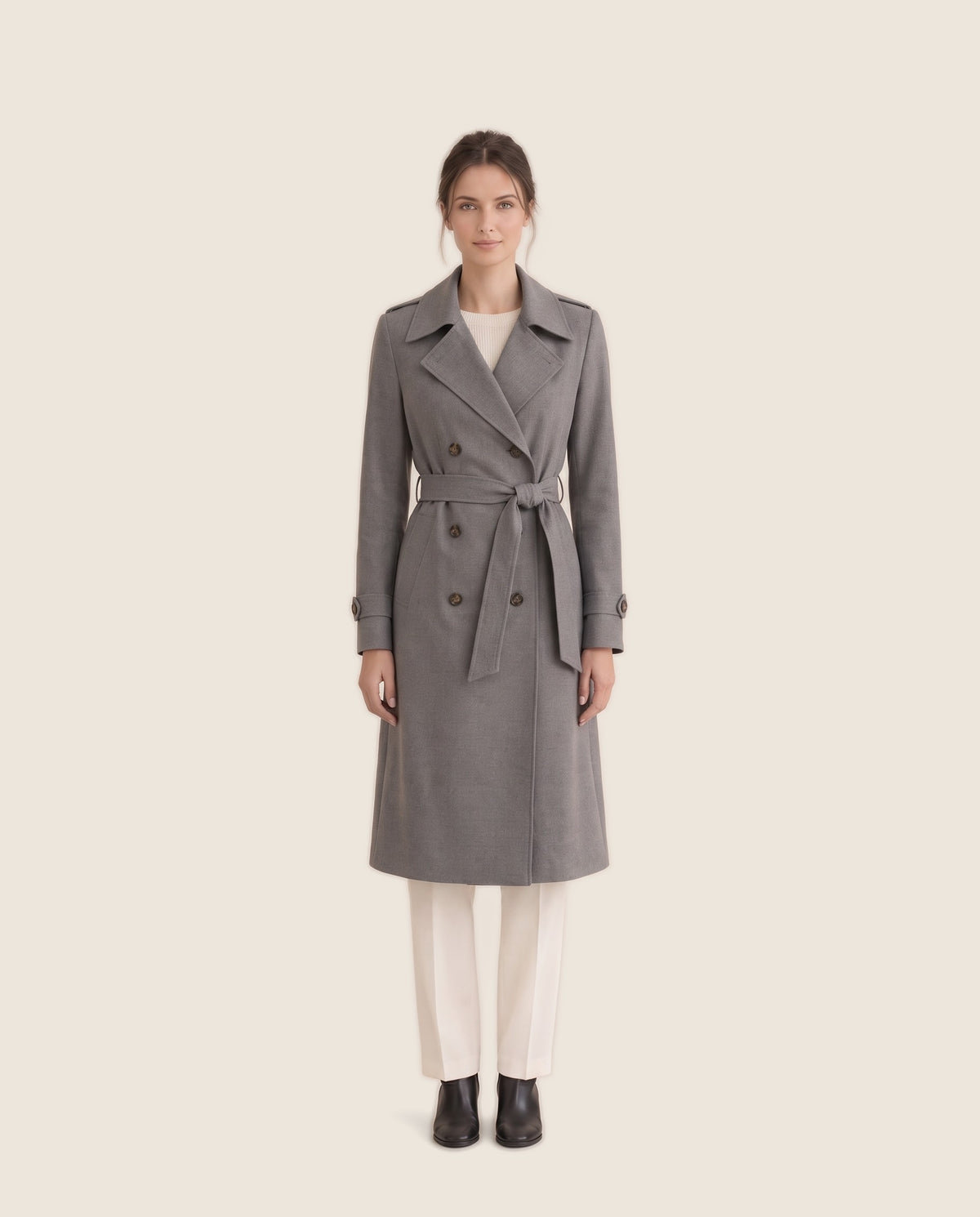 Women's Double-Breasted Trench Coat — studio front, belted