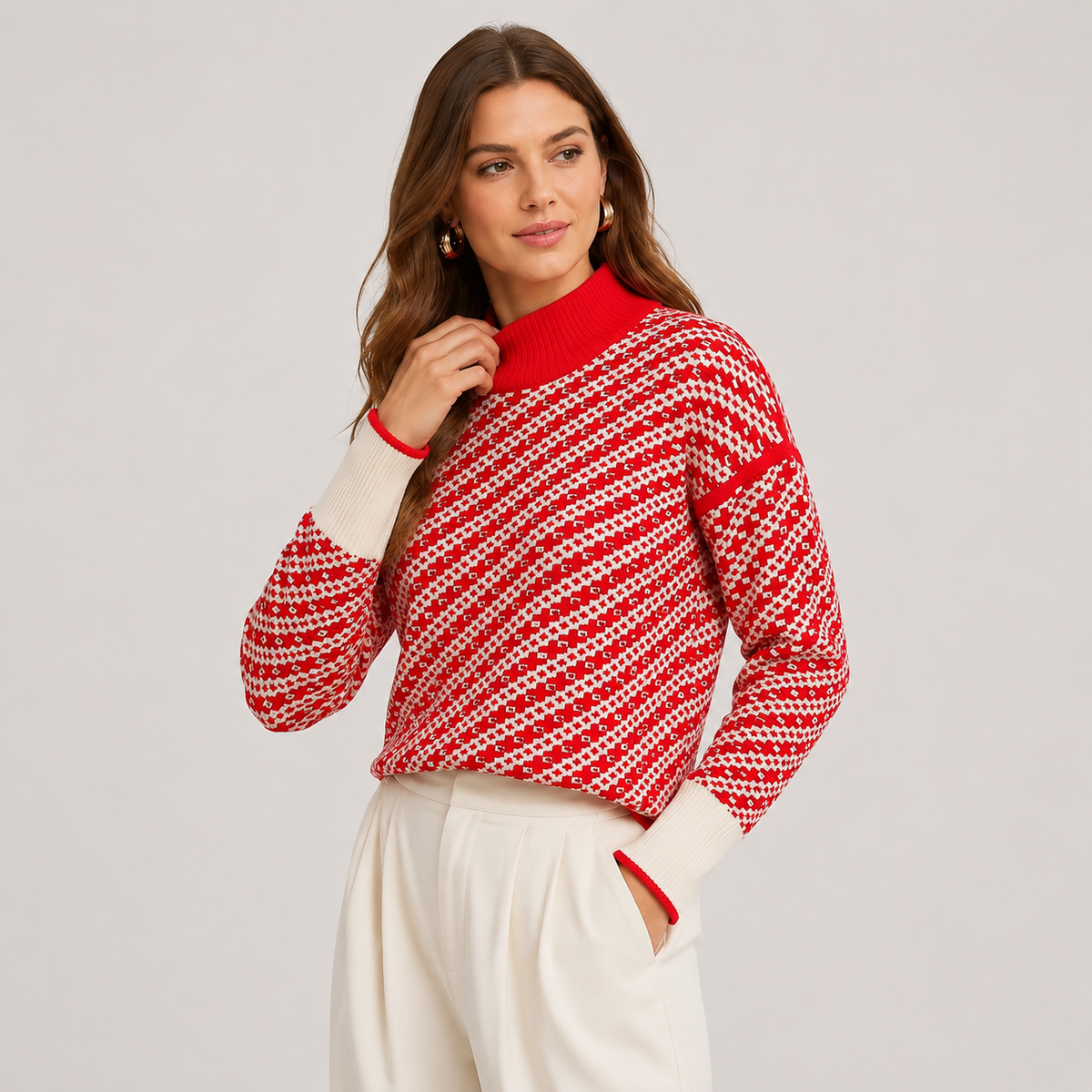 Women's Viscose Blend Stand Collar Sweater with Side Slits, view 6