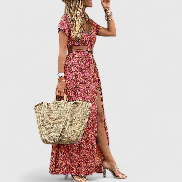 Women's Boho Print Maxi Dress with Gathered Waist in Dark Red