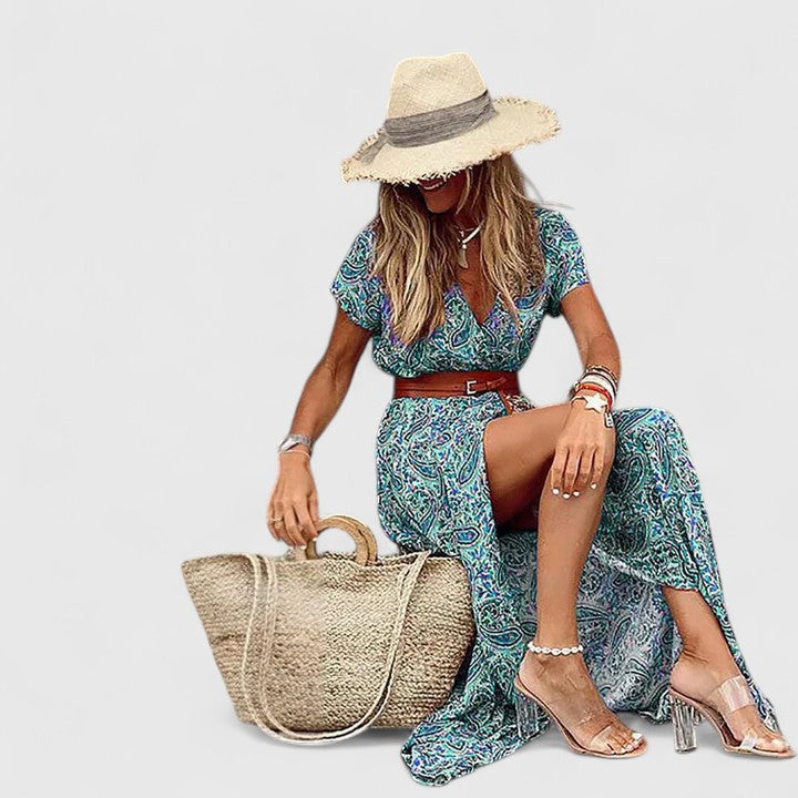 Women's Boho Print Maxi Dress with Gathered Waist in Green