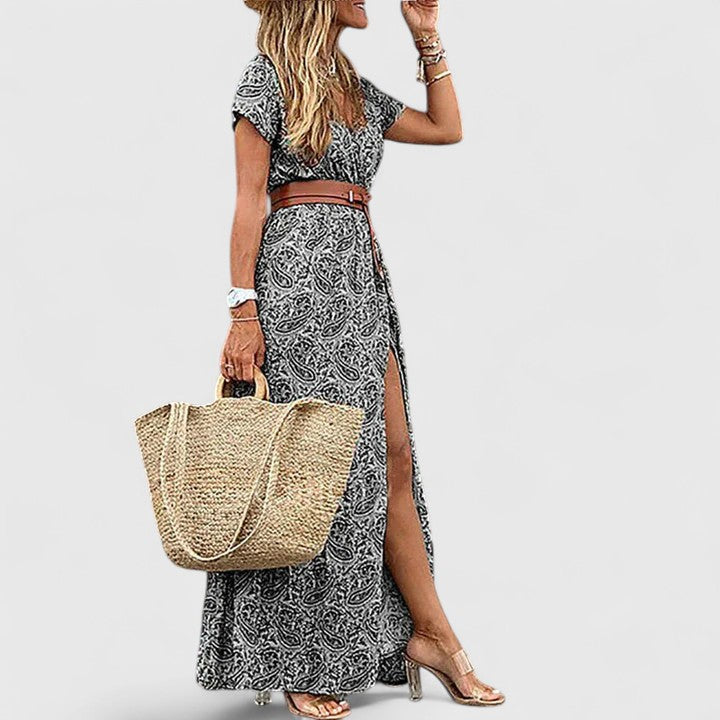 Women's Boho Print Maxi Dress with Gathered Waist in Gray