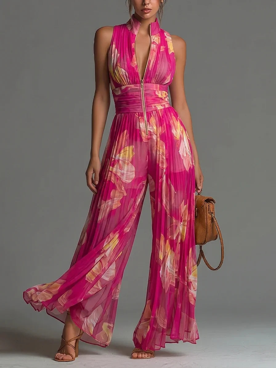 Women's Pleated Halter Neck Wide-Leg Jumpsuit in Pink