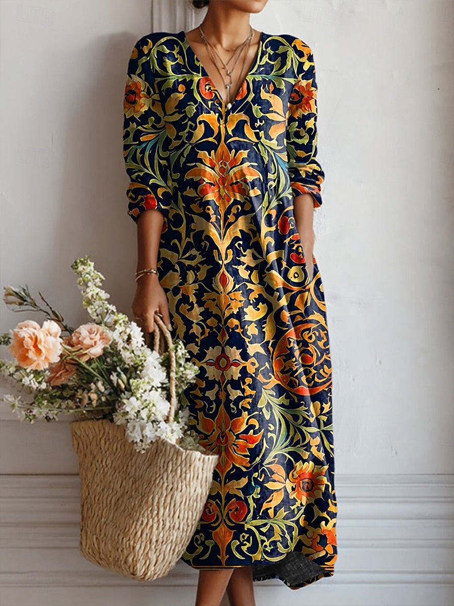 Ornate Print Relaxed Maxi Dress with Side Pockets in Multicolor