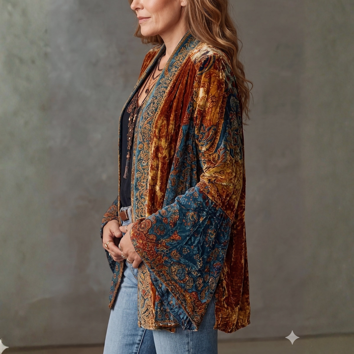 Women's Velvet Jacket, Boho Print Open Front Lightweight Outerwear