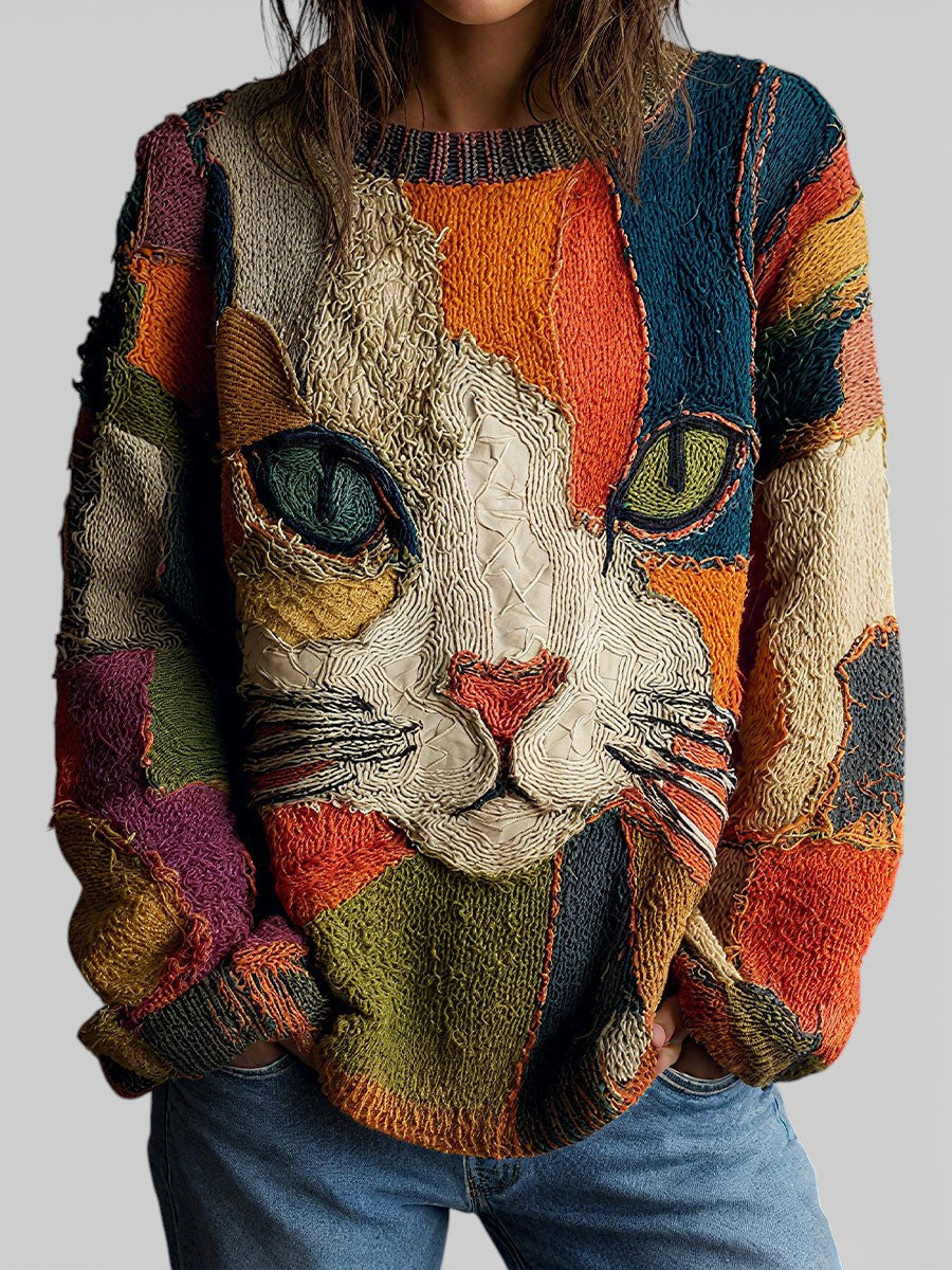 Women's Multicolor Loose-Fit Top with Patchwork Cat Design