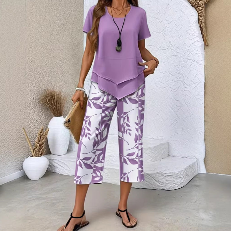 SOPHIA | Layered Asymmetric Tunic & Botanical Print Wide Leg Set