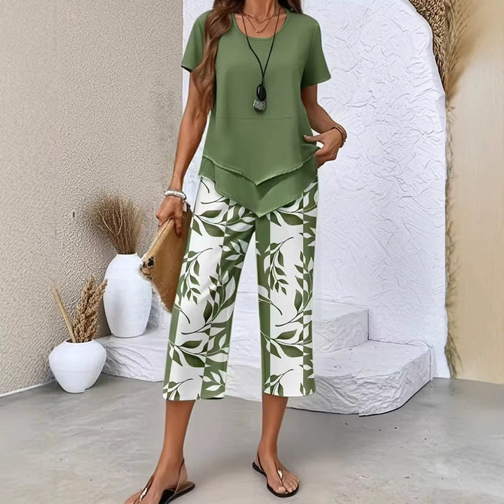 SOPHIA | Layered Asymmetric Tunic & Botanical Print Wide Leg Set