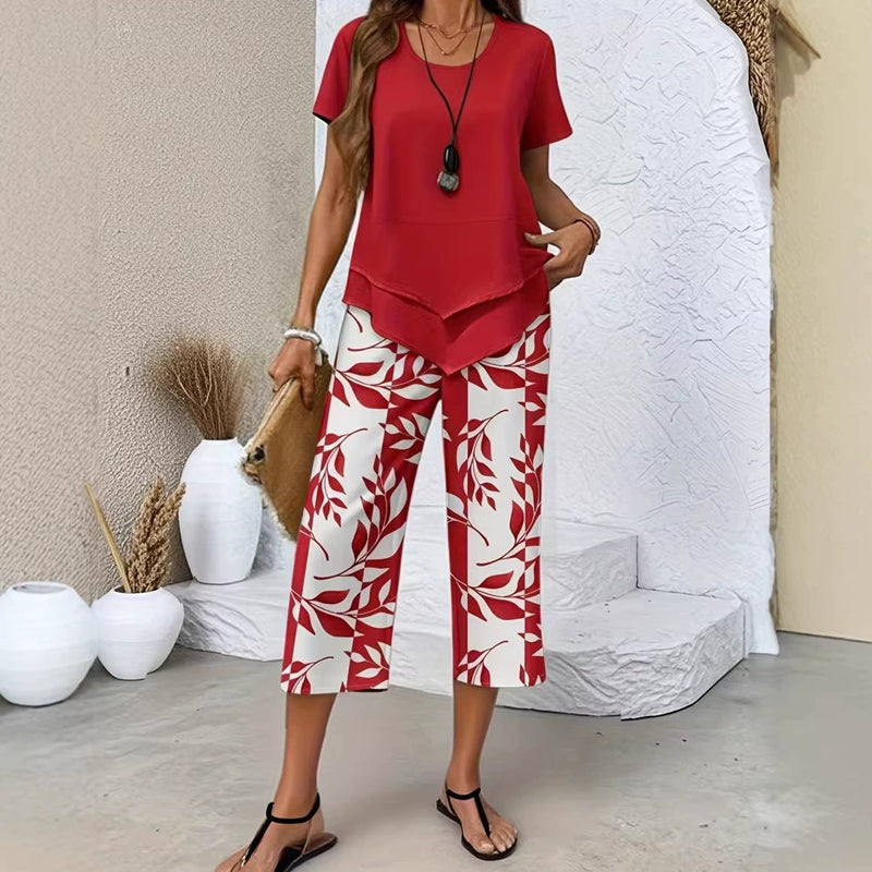 SOPHIA | Layered Asymmetric Tunic & Botanical Print Wide Leg Set
