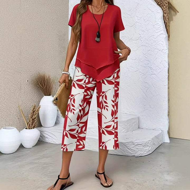 SOPHIA | Layered Asymmetric Tunic & Botanical Print Wide Leg Set
