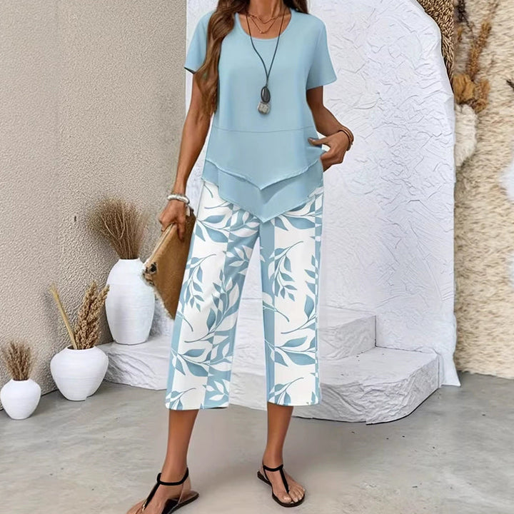 SOPHIA | Layered Asymmetric Tunic & Botanical Print Wide Leg Set