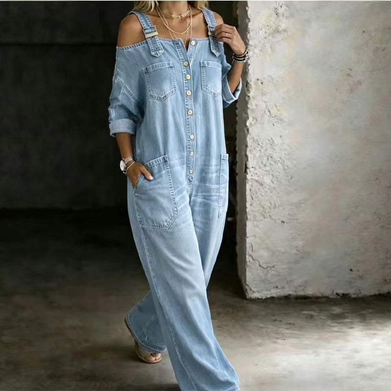 Women's Loose-Fit Wide-Leg Jumpsuit with Pockets in Light Blue