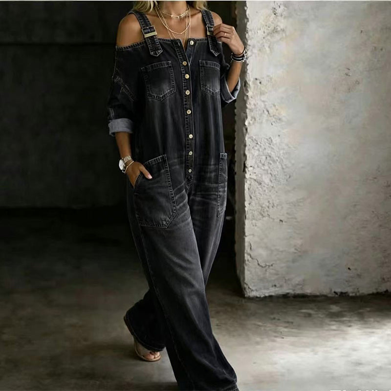 Women's Loose-Fit Wide-Leg Jumpsuit with Pockets in Black