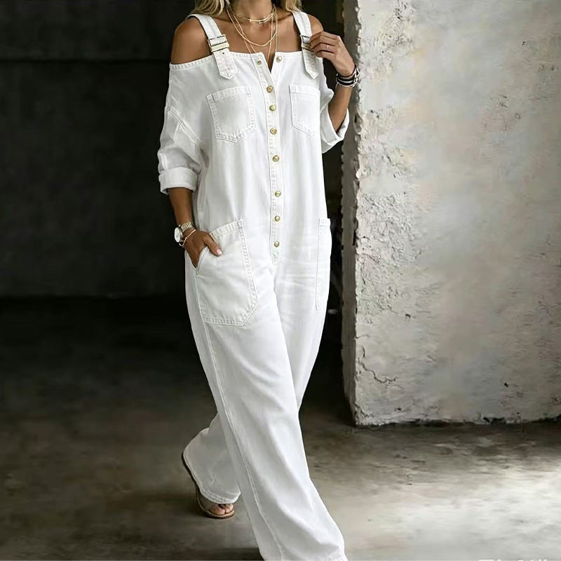 Women's Loose-Fit Wide-Leg Jumpsuit with Pockets in White