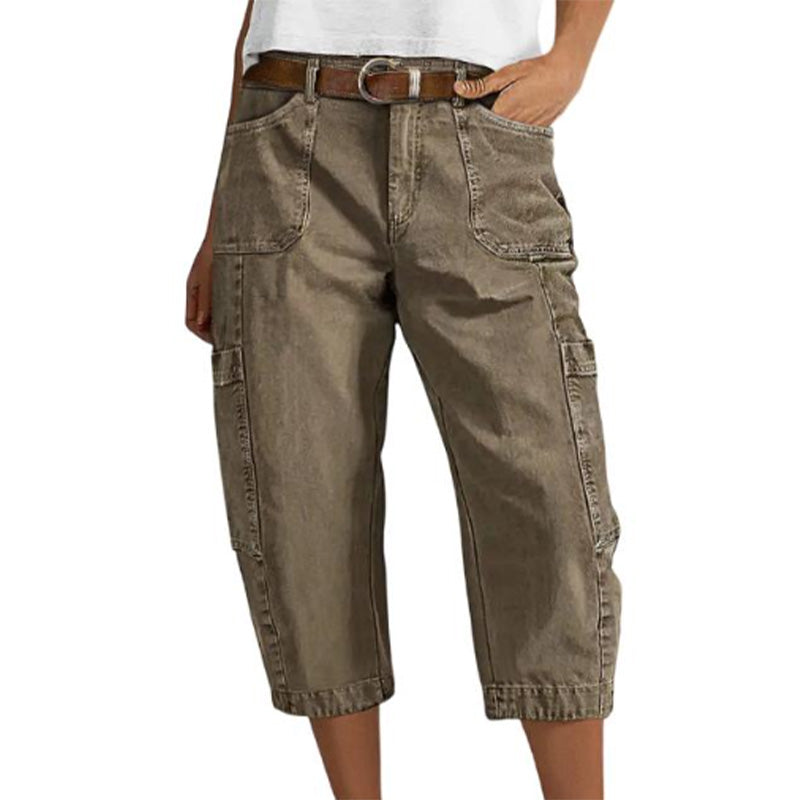 Women's Relaxed Cargo Capri Pants with Side Pockets in Khaki