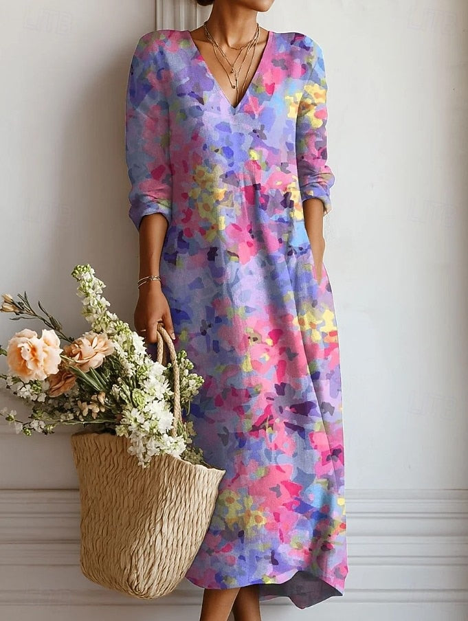 Floral Wrap Maxi Dress with Long Sleeves and Pockets in Purple