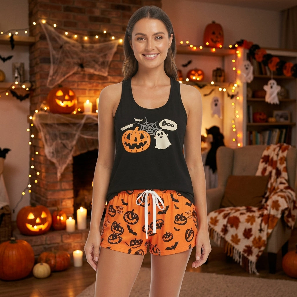 Trick & Treat Pumpkin Ghost Halloween Pajamas | Tank & Shorts