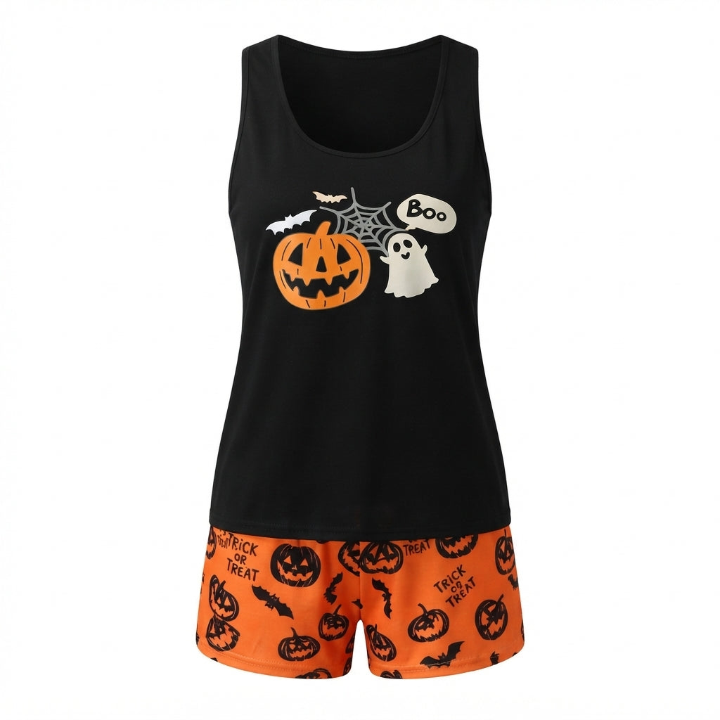 Trick & Treat Pumpkin Ghost Halloween Pajamas | Tank & Shorts