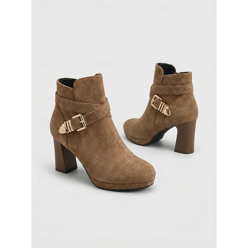 Women's Ankle Boots, Buckle Strap Block Heel Round Toe Booties