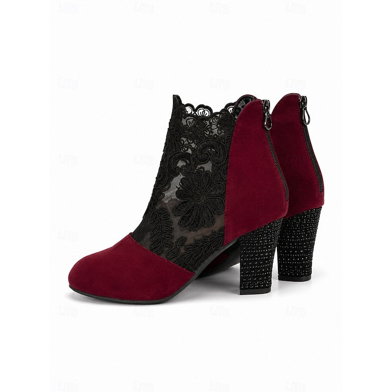 Women's Ankle Boots, Floral Lace Block Heel Booties with Side Zip