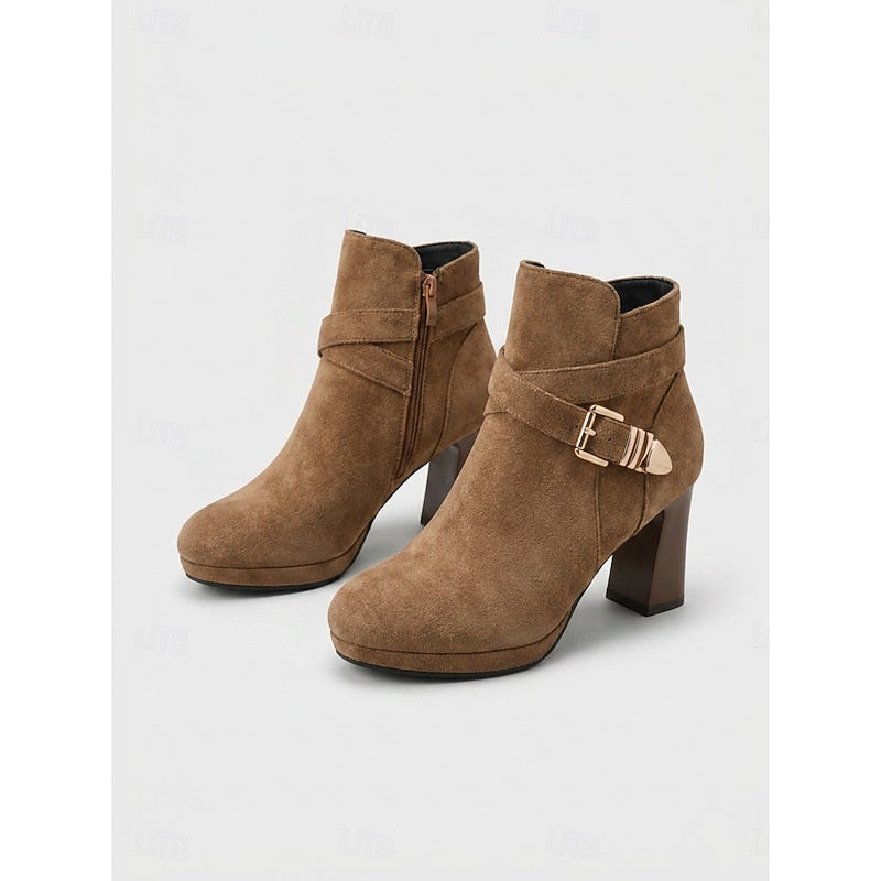Women's Ankle Boots, Buckle Strap Block Heel Round Toe Booties
