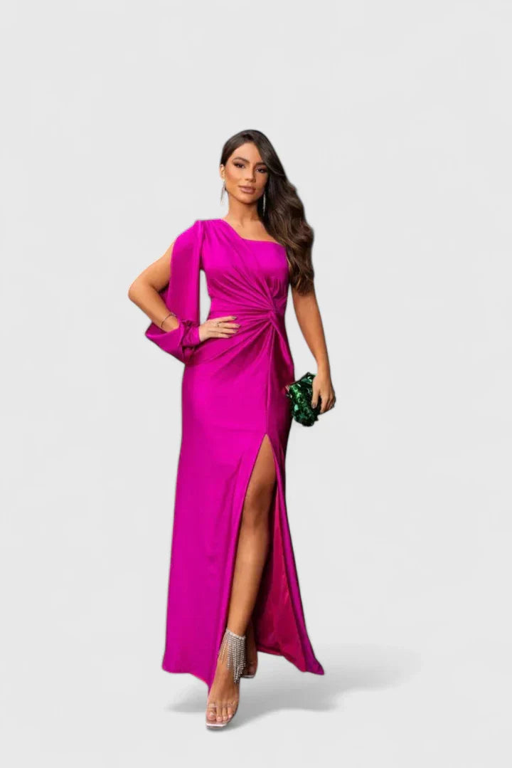 Women's One-Shoulder Figure-Following Maxi Gown in Fuchsia