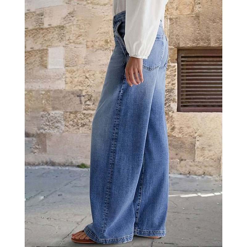 Women's Wide Leg Jeans, Relaxed Blue Denim High Waist Trousers