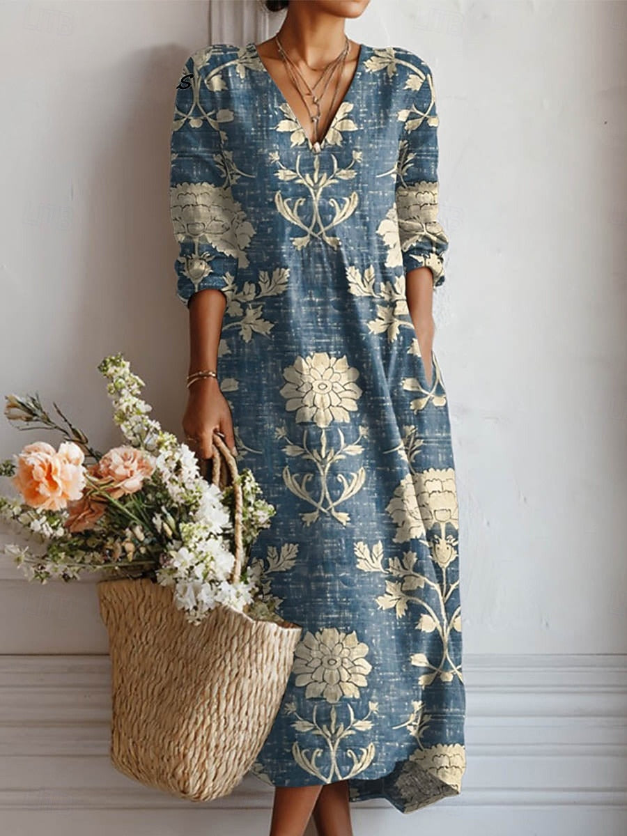 Women's Blue Floral Print Midi Dress with Pockets