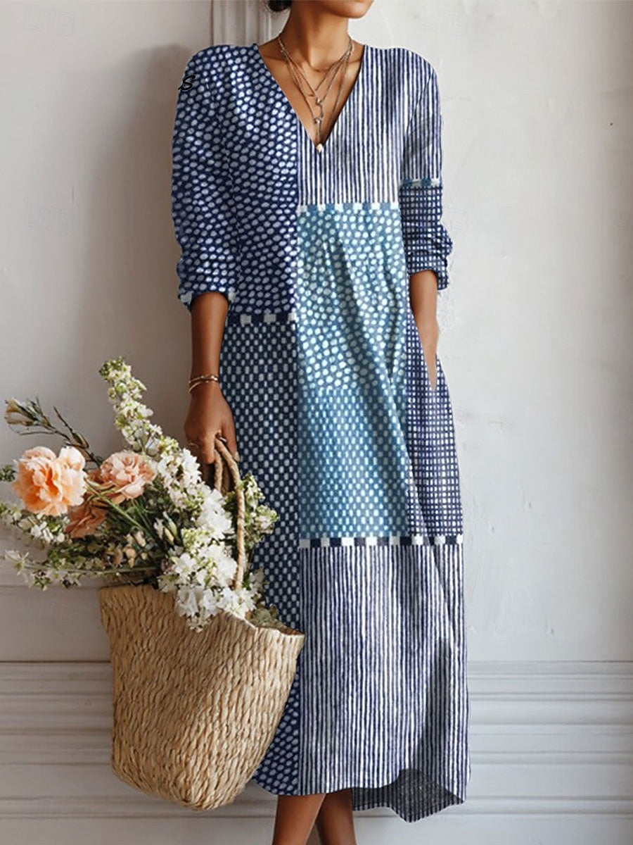 Women's Blue Loose-Fit Midi Dress with Pockets