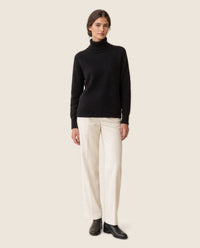 Thornbury Warm Ribbed-Cuff Geometric Knit Turtleneck Sweater — studio front