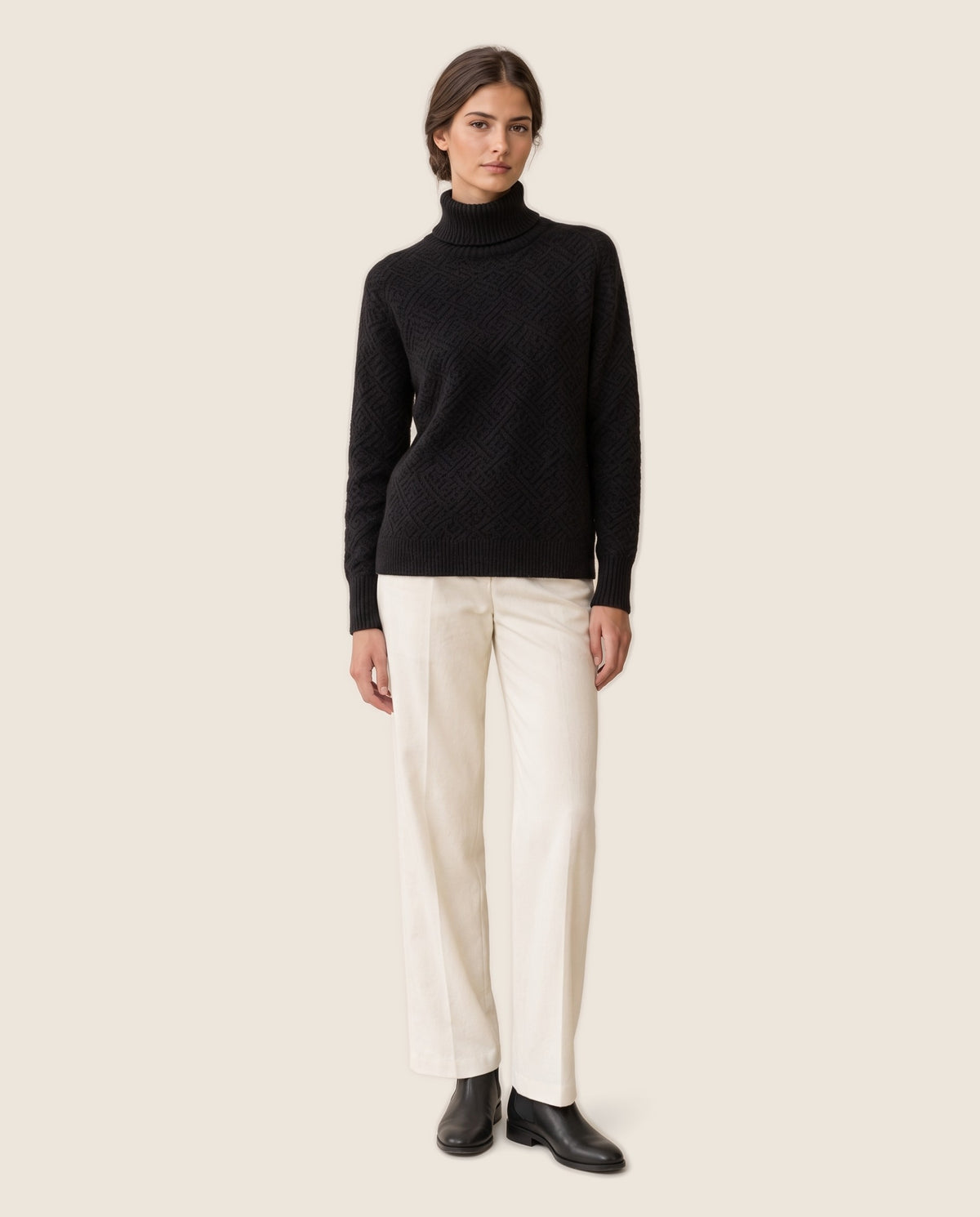 Thornbury Warm Ribbed-Cuff Geometric Knit Turtleneck Sweater — studio front