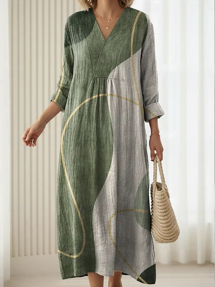 Women's Color-Block V-Neck Maxi Dress with Pockets in Green