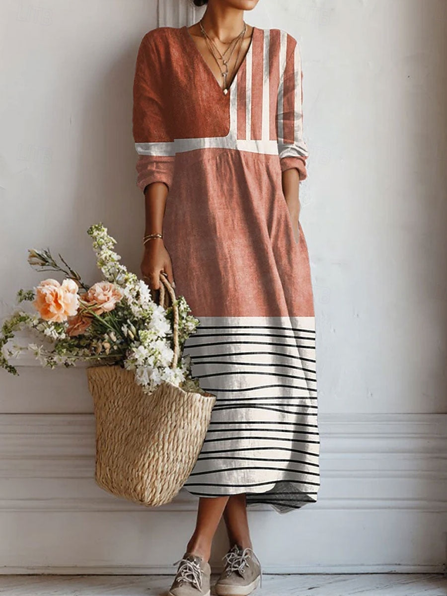 Women's Brown-Gray Loose-Fit Midi Dress with Pockets