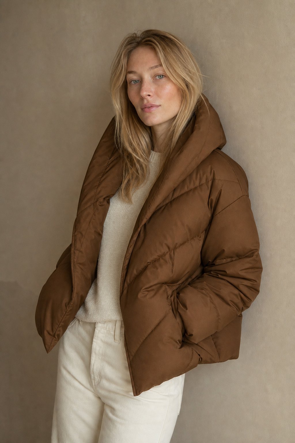 Women's Cropped Down Puffer Jacket with Chevron Quilting