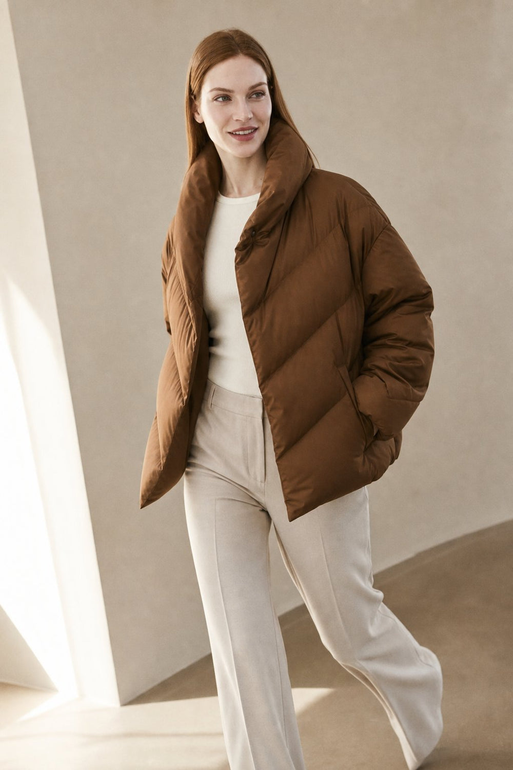 Women's Cropped Down Puffer Jacket with Chevron Quilting in Brown