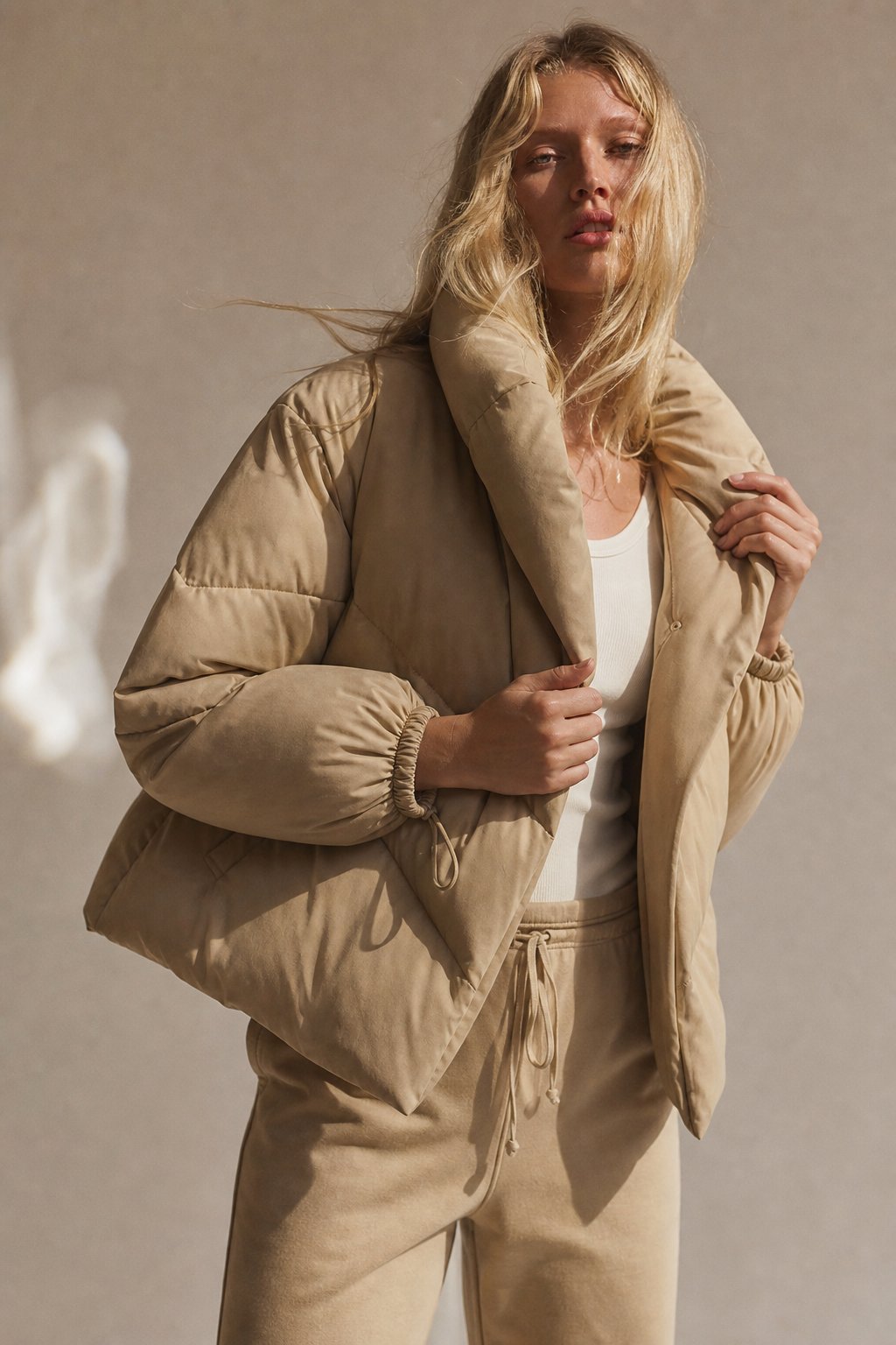 Women's Cropped Down Puffer Jacket with Chevron Quilting, view 2