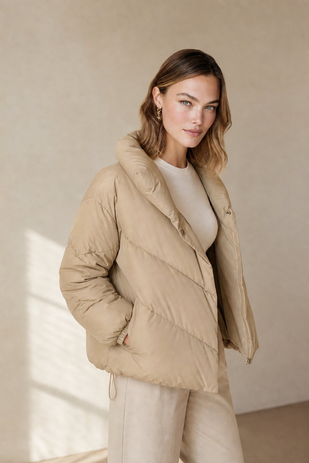 Women's Cropped Down Puffer Jacket with Chevron Quilting in Cream